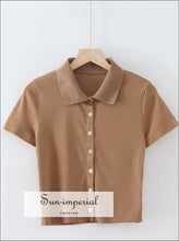 Women Short Sleeve Collared Button up Crop top Opaque Buttons T-shirt