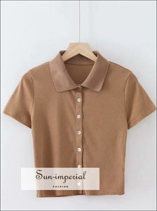 Women Brown Short Sleeve Collared Button up Crop top Opaque Buttons T-shirt