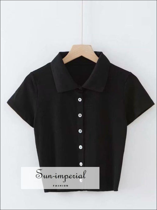 Women Black Short Sleeve Collared Button up Crop top Opaque Buttons T-shirt