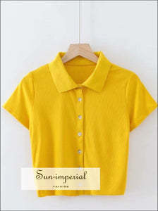 Women Yellow Short Sleeve Collared Button up Crop top Opaque Buttons T-shirt