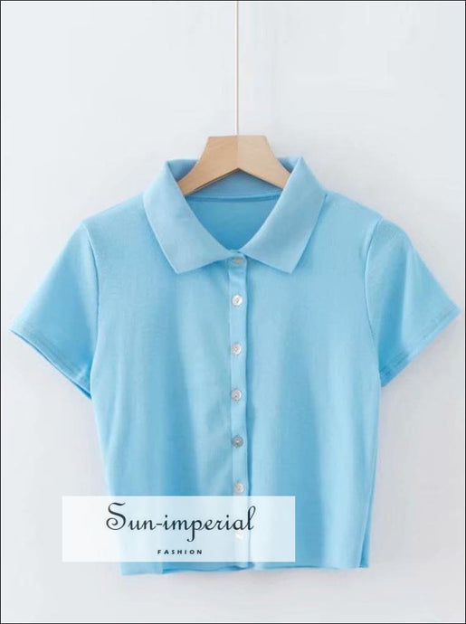 Women Light Blue Short Sleeve Collared Button up Crop top Opaque Buttons T-shirt