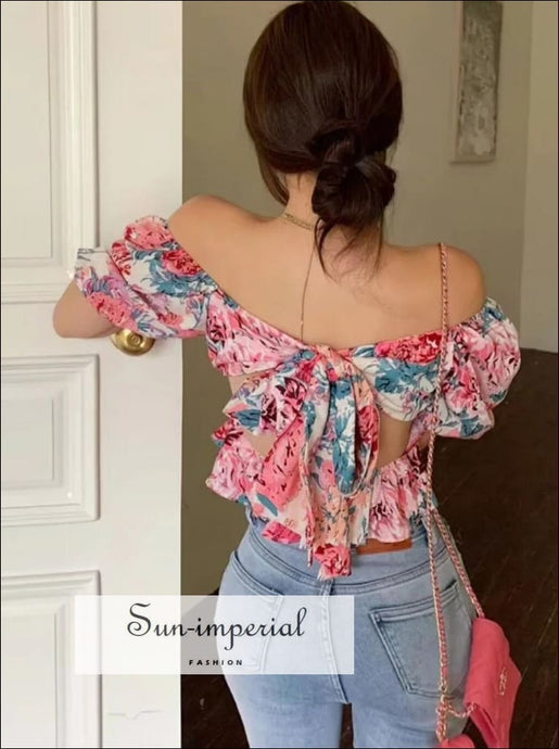 Women Short Sleeve Floral Print Square Collar Cropped Blouse with Puff and back Bow Tie Bohemian Style, chick sexy style, harajuku Preppy 