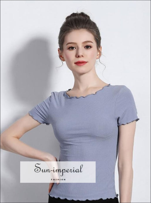 Women Short Sleeve Frilled Tops Summer Slim Fitted Rib T Shirts Basic SUN-IMPERIAL United States