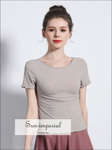 Women Short Sleeve Frilled Tops Summer Slim Fitted Rib T Shirts Basic SUN-IMPERIAL United States