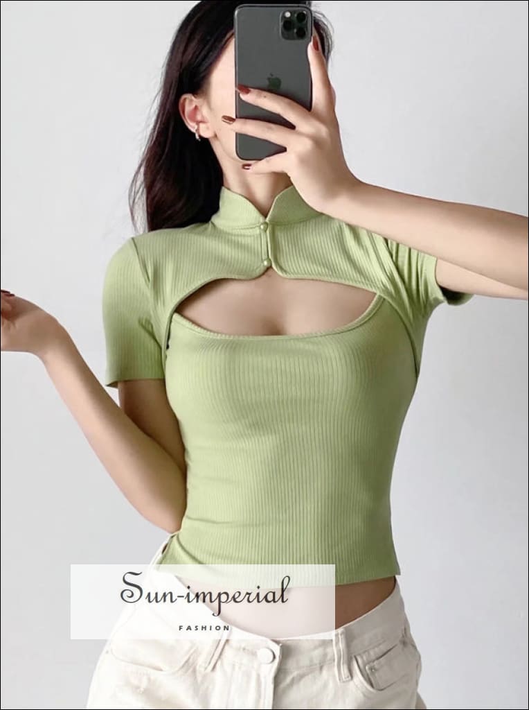 Sun-imperial - women short sleeve ribbed mandarin collar cut