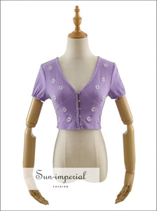 Women Short Sleeve Ribbed Purple V-neck Button front Daisy Floral Tee SUN-IMPERIAL United States
