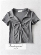 Women Short Sleeve Ruched front Polo Plunge Cropped Tee casual style, chick sexy harajuku PUNK STYLE, sporty style Sun-Imperial United 