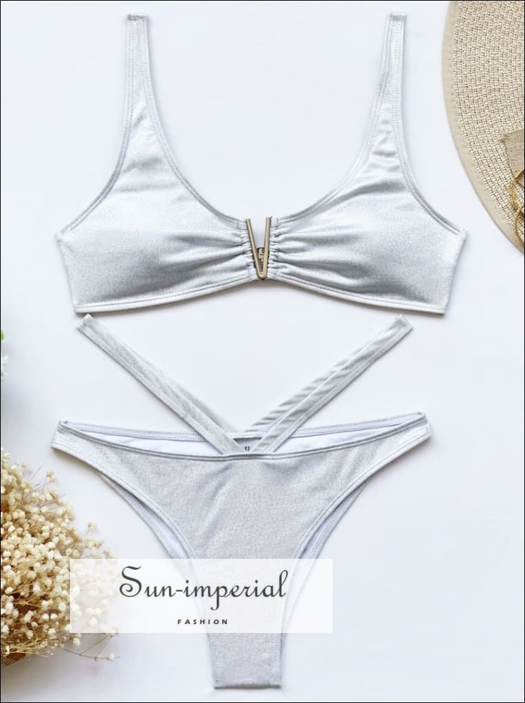 Women Silver Glitter Sequin Spliced V Shaped Bikini Set SUN-IMPERIAL United States