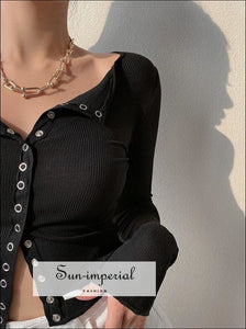 Black Single Breasted Translucent Long Sleeved Crop T-shirt Ribbed top basic style, street style SUN-IMPERIAL United States