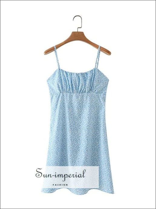 Women Sky Blue Floral Summer Beach Sleeveless A-line Mini Dress with Cami Strap Ruched Bust detail Style Print, bohemian style, boho casual 