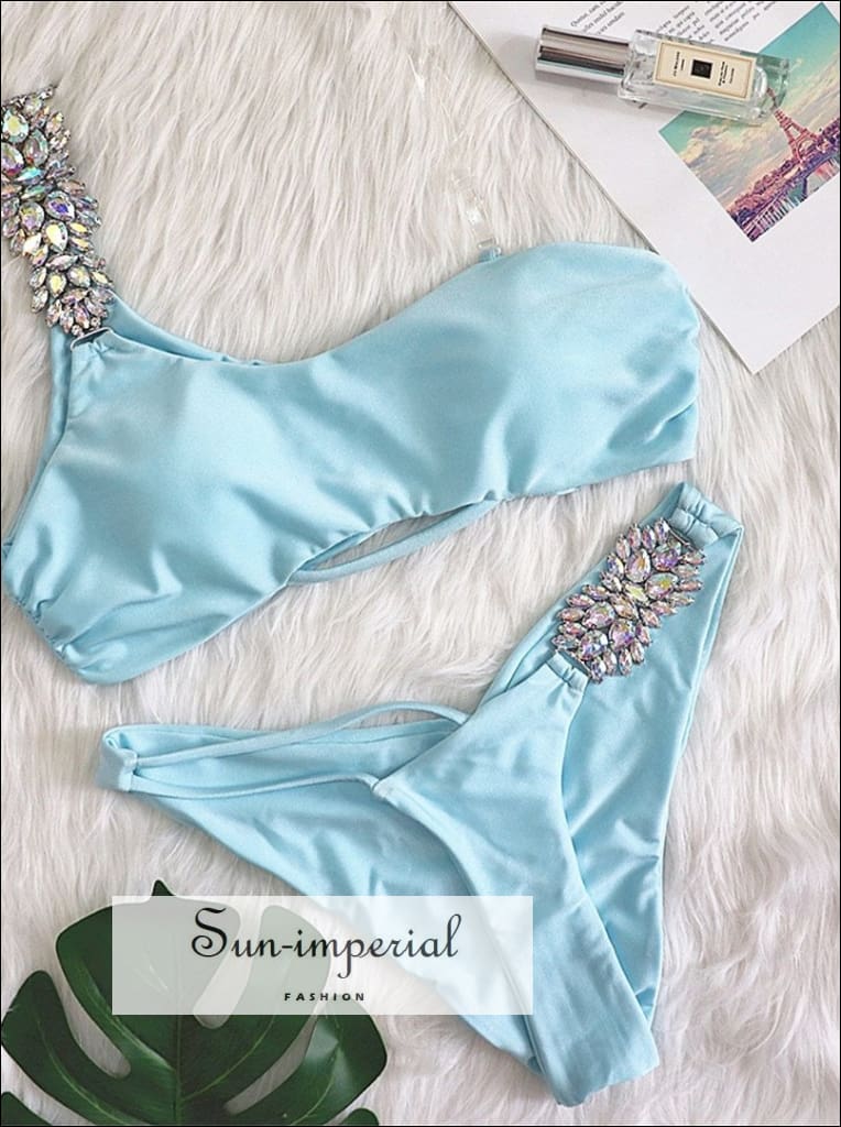 Women Sky Blue One Shoulder Asymmetrical Bikini Set with Rhinestone Jewelry Diamond Decor Details With SUN-IMPERIAL United States