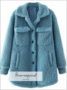 Women Soft Blue Teddy Coat with Pocket and Buttons detail Basic style, bohemian boho casual harajuku style SUN-IMPERIAL United States