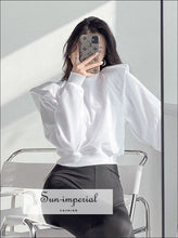 Women Solid Black Long Sleeve Padded Shoulder Cropped Sweatshirt High Neck Pullover Basic style, casual harajuku Preppy Style Clothes, 