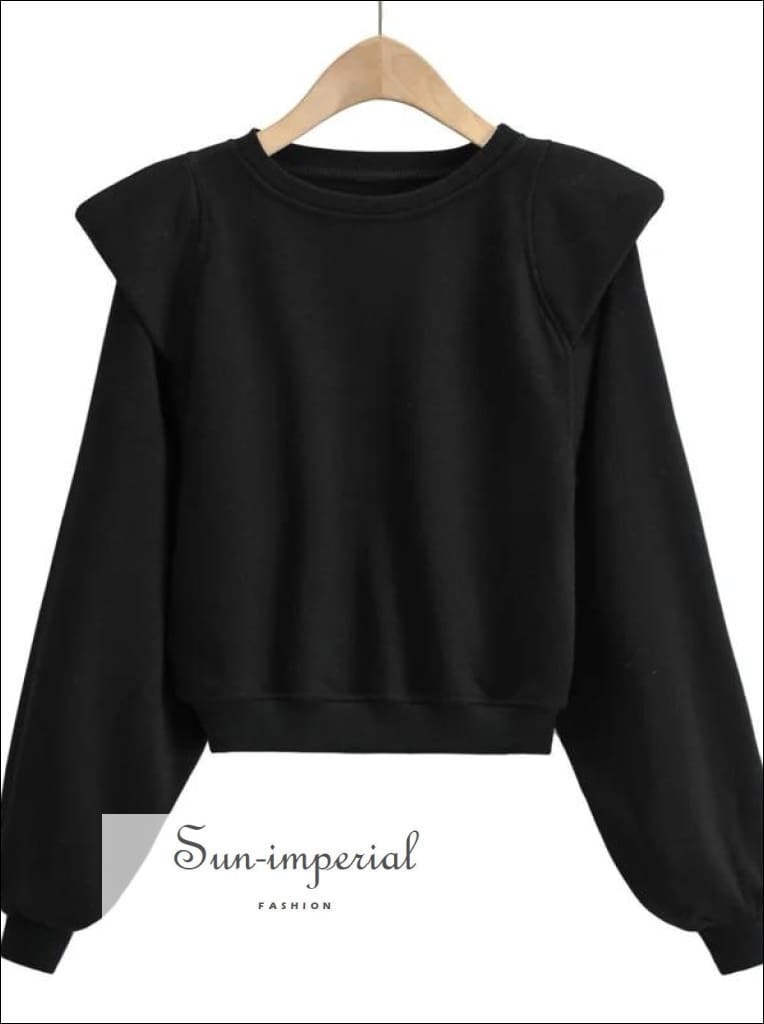 Women Solid Black Long Sleeve Padded Shoulder Cropped Sweatshirt High Neck Pullover Basic style, casual harajuku Preppy Style Clothes, 