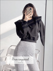 Women Solid Black Long Sleeve Padded Shoulder Cropped Sweatshirt High Neck Pullover Basic style, casual harajuku Preppy Style Clothes, 