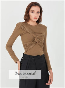 Women Solid Brown Unique Cross Front Ruched Long Sleeve t Shirt Top o Neck Slim Cut Blouse casual style, Preppy Style Clothes, T SHIRT,