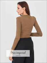 Women Solid Brown Unique Cross Front Ruched Long Sleeve t Shirt Top o Neck Slim Cut Blouse casual style, Preppy Style Clothes, T SHIRT,