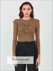 Women Solid Brown Unique Cross Front Ruched Long Sleeve t Shirt Top o Neck Slim Cut Blouse casual style, Preppy Style Clothes, T SHIRT,