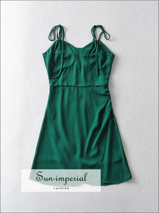 Women Solid Green Cami Tie Straps Corset Style Bodice Ruched Elastic back Mini Dress best seller, chick sexy style, pary dress Sun-Imperial 