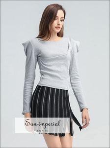 Women Unique Solid Grey Long Sleeve top O Neck Slim Blouse with Attached Asymmetrical Cami Basic style, casual harajuku Preppy Style 