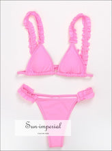 Women Solid Pink Ruffle Decor High Waist Bikini Set Swimsuit SwimSuit SUN-IMPERIAL United States