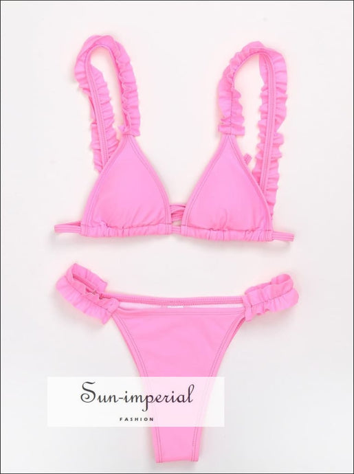 Women Solid Pink Ruffle Decor High Waist Bikini Set Swimsuit SwimSuit SUN-IMPERIAL United States