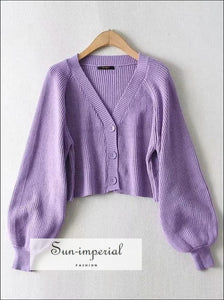 Women Solid Purple Buttoned Fluffy Boxy Cardigan with Puff Letran Sleeve basic style, casual, casual style SUN-IMPERIAL United States