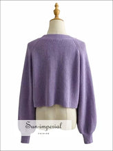Women Solid Purple Buttoned Fluffy Boxy Cardigan with Puff Letran Sleeve basic style, casual, casual style SUN-IMPERIAL United States