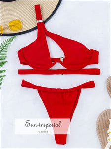 Women Solid Red One Shoulder Underwire Asymmetrical Bikini Set with High Waist Ruched bottom SUN-IMPERIAL United States
