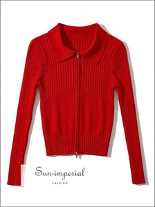 Women Solid Red Spread Collar Doal way Zip Knitted Jumper casual style, Preppy Style Clothes, PUNK STYLE, Unique Way Sun-Imperial United 