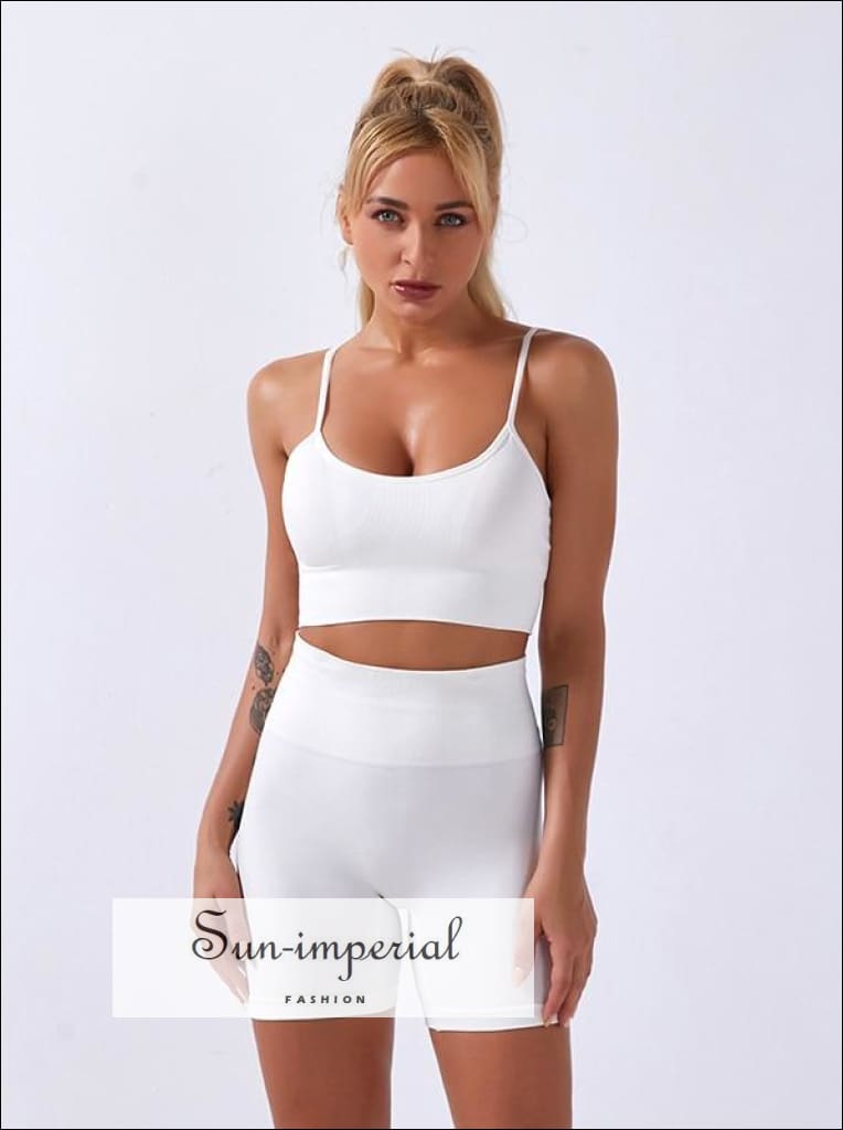 Women Solid White Ribbed Two-piece Cropped top and High Waist Shorts Leggings Pants Sports Yoga active wear, activewear, BASIC, Basic style,