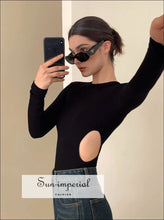 Women Solid Viscose Long Sleeve Crew Neck Cut Out Waist Detail Cropped Top casual style, chick sexy harajuku PUNK STYLE, sporty style 