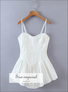 Women Solid White Cami Strap Pleated Hem Corset Style Mini Dress Beach Print, best seller, bohemian style, boho chick sexy style 