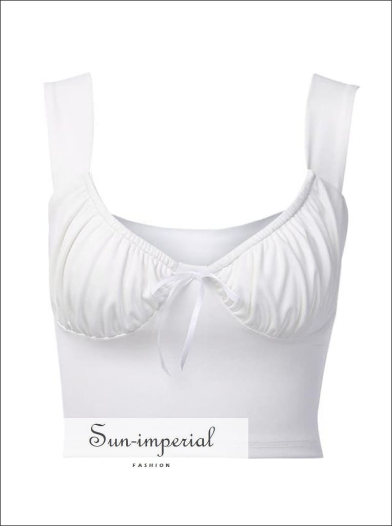 Women Solid White Cami Strap top with Center Bow and Ruched Bodice detail Tank Sun-Imperial United States