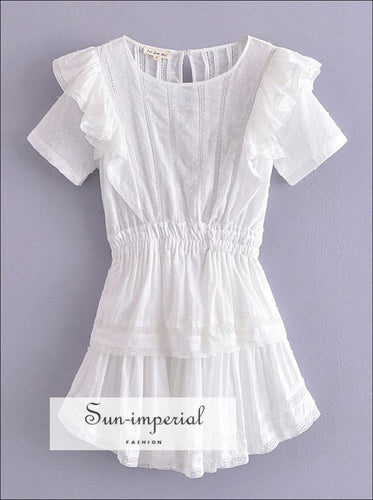 Women Solid White Ruched Pleated A-line Round Collar Mini Dress Backless Short Sleeve Basic style, best seller, Bohemian Style, boho casual 