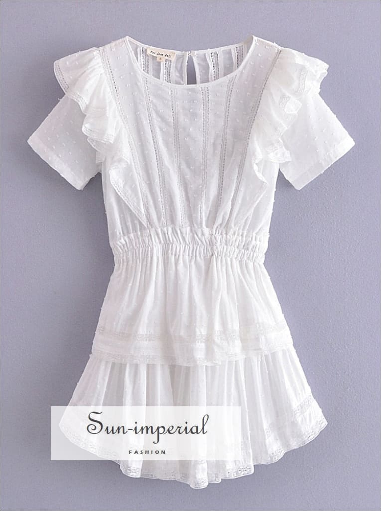 Women Solid White Ruched Pleated A-line Round Collar Mini Dress Backless Short Sleeve Basic style, best seller, Bohemian Style, boho casual 