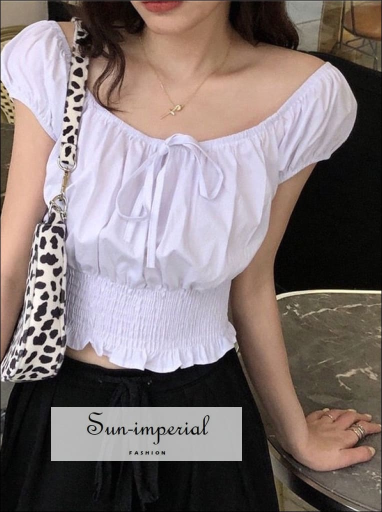 Women Solid White Short Sleeve off the Shoulder Shirred Blouse with Bow detail top boho style, casual chick sexy harajuku Preppy Style 