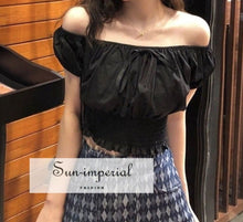 Women Solid White Short Sleeve off the Shoulder Shirred Blouse with Bow detail top boho style, casual chick sexy harajuku Preppy Style 