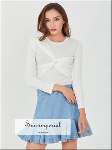 Women Solid White Unique Cross front Ruched Long Sleeve T Shirt top O Neck Slim Cut Blouse casual style, Preppy Style Clothes, Front Top 