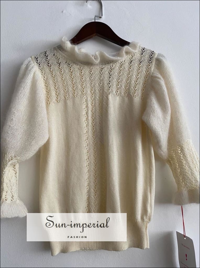 Women Solid Wool Blend Champagne Vintage Sweater with Turtleneck Ruffle and Puff Half Sleeve detail casual style, elegant vintage vintge 