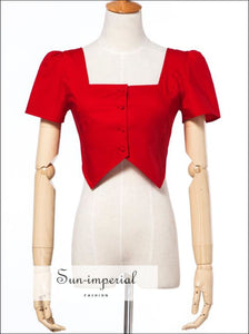 Women Square Neck Botton front Cotton top with Short Sleeve