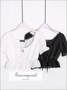 Women Square Neck Chiffon Crop top Spliced Lace Hem with Puff Sleeve Short Sleeve Blouse