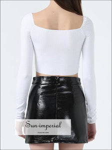 Women Square Neck Long Sleeve Crop Tops Ribbed T-shirt with Cropped Tee BASIC SUN-IMPERIAL United States