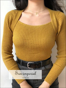 Women Square Neck Ribbed Jumper Casual Long Sleeve Rib Knit top Sweater
