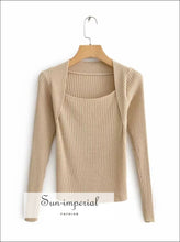 Women Square Neck Ribbed Jumper Casual Long Sleeve Rib Knit top Sweater