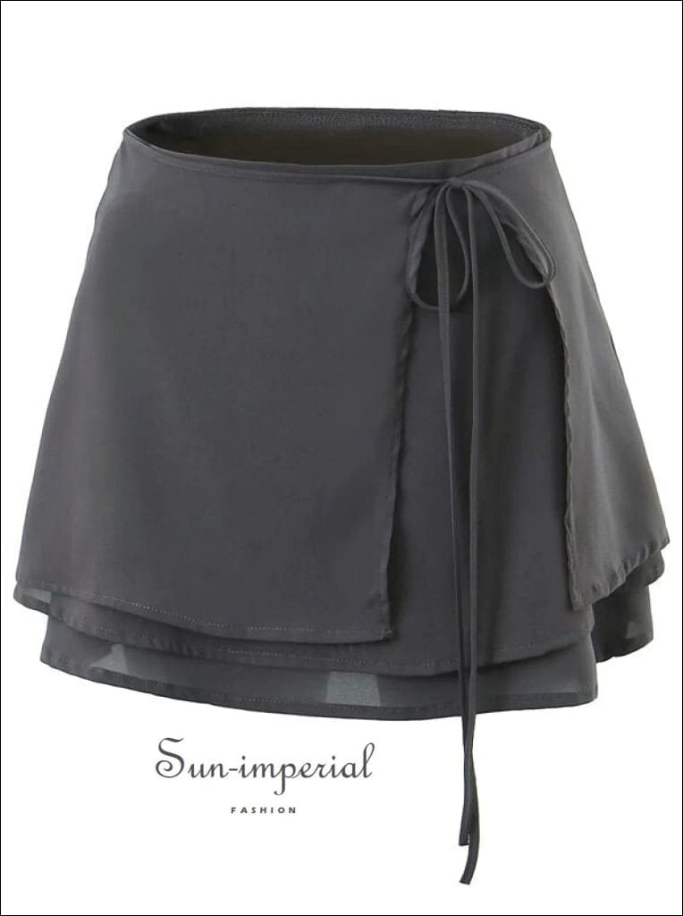Women Dark Gray Square Neck With Ruffle Detail Crop Top And Wrap Mini Skirt Set Sun-Imperial United States