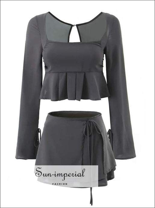 Women Dark Gray Square Neck With Ruffle Detail Crop Top And Wrap Mini Skirt Set Sun-Imperial United States