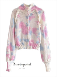 Women Stand Collar Tie Dye Colored Knitted Long Sleeve Cardigan with Zipper detail Sun-Imperial United States