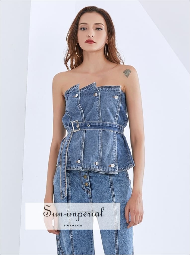 Sunloudy Women Denim Push Up Bustier Tube Top Strapless Button Up