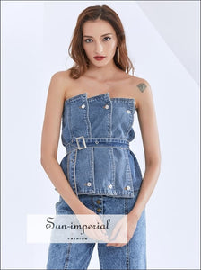 Women Strapless Denim Tube top with Accordion Folds detail Unique style Sun-Imperial United States